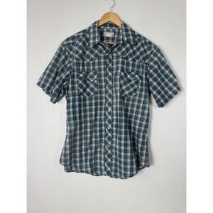 Western Wrangler Mens XL Short Sleeve Plaid Pearl Snap Wrancher Shirt Blue Teal